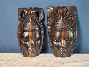 lot 72 image: Pair of Carved Wooden Wall Masks - African Tribal Style - Dark Patina