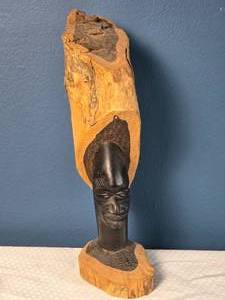 lot 8 image: Carved African Head Sculpture with Live-Edge Wood Backing - Tribal Folk Art