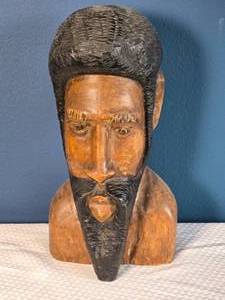 lot 73 image: Hand-Carved Wooden Bearded Figure Bust - Folk Art Sculpture