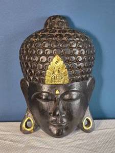 lot 104 image: Carved Wooden Buddha Head Sculpture with Gilt Accents