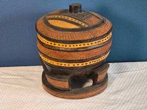 lot 45 image: Lidded Carved Wooden Vessel - Geometric Tribal Pattern - Folk Art Container