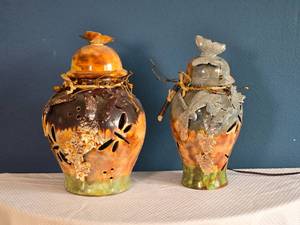 lot 84 image: Pair of Decorative Ceramic Lantern Jars - Butterfly Cutouts - Artisan Style