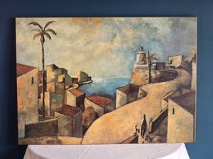lot 93 image: Coastal Lighthouse Landscape Painting - Mediterranean Village - Canvas Art