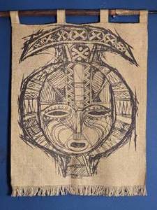 lot 7 image: Pair of Tribal Mask Textile Wall Hangings - Burlap Fabric - Folk Art