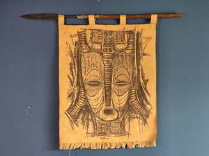 Pair of Tribal Mask Textile Wall Hangings - Burlap Fabric - Folk Art