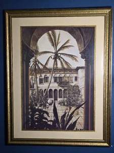 lot 97 image: Framed Courtyard Palm Scene Print - Mediterranean Architecture - Gilt Frame