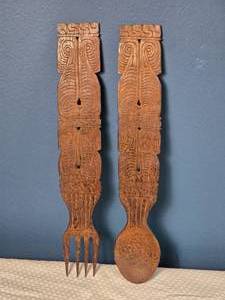 lot 81 image: Carved Wooden Tribal Spoon and Fork Set