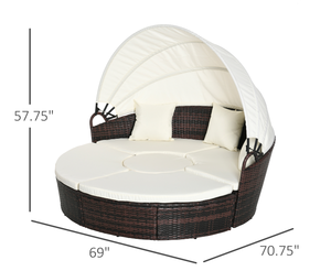 lot 1 image: Outsunny 4-Piece Round Convertible Daybed with Cushions, Outdoor PE Rattan Patio Wicker Sofa Set, Sunbed with Adjustable Sun Canopy, Sectional Sofa Cream White (Minor Transit Damage. Missing Parts Or Pieces D6, E2, D6, X (See Photos)