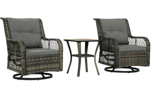 lot 12 image: Outsunny 3 Piece Outdoor Bistro Set, Wicker Small Patio Furniture Set with Swivel Glider Chairs for Balcony, Porch, Gray