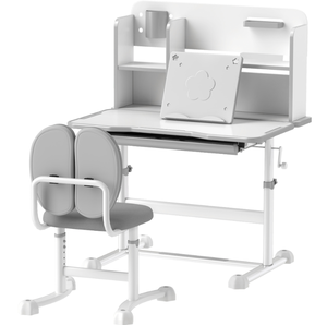 lot 13 image: Qaba Height Adjustable Kids Desk and Chair Set for Writing Drawing w Tilt Desktop, Storage Drawer and Reading Rack, Gray Table 31.5 L x 21.7 W x 36.4-42.3 H