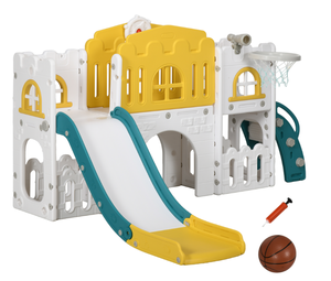 lot 18 image: Qaba 8 in 1 Toddler Slide for Kids Age 1-3 Years with Basketball Hoop, Climber, Telescope, Tunnel, Steering Wheel, Aisle (Minor Transit Damage, See Photos)