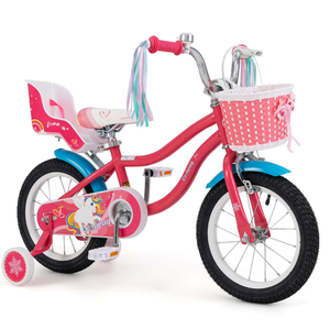 lot 57 image: Costway 14 Inch Kids Bike with Basket Doll Seat & Colorful Streamers 2 Training Wheels Pink