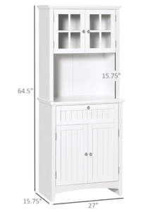 lot 91 image: HOMCOM Kitchen Buffet Hutch Cabinet, Freestanding Kitchen Pantry Storage Cabinet Cupboard with Framed Glass Door, Drawer and Microwave Space, White