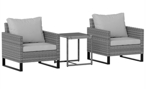 lot 93 image: Outsunny 3PCS Patio Set, Wicker Bistro Set with Cushions, Rattan Chairs, Glass Coffee Table for Backyard, Porch, Balcony, Gray
