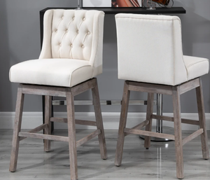 lot 147 image: HOMCOM Bar Height Bar Stools Set of 2, 180 Degree Swivel Barstools with Solid Wood Footrests and Button Tufted Design, 30 Seat Height Bar Chairs for Kitchen Island, Beige