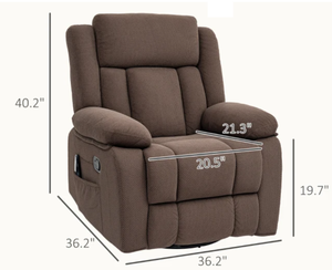 lot 149 image: HOMCOM Recliner Massage Armchair with Heat, Oversized Swivel Rocker with Footrest, Remote and Side Pockets, Brown