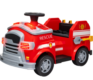 lot 202 image: Qaba 12V Ride on Fire Truck with Siren, Flashing Lights Fire Extinguisher, Soft Start, Horn Music, Red
