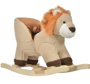 lot 304 image: Qaba Baby Rocking Horse Lion with Sound, Plush Stuffed Rocking Animals, Wooden Rocking Horse with Seat Belt for 18-36 Months Boys and Girls Gift, Brown
