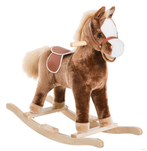 lot 311 image: Qaba Kids Rocking Horse, Plush Toddler Rocker, Wooden Base Ride-On Toy with Handle Grip, Traditional Toy for Kids 36M, Brown