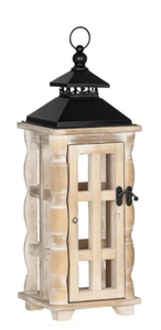 lot 314 image: HOMCOM 21 Large Rustic Lantern Decorations, Hanging Wooden Metal Indoor Covered Outdoor Lantern for Home Decor (No Glass), Black and Distressed Natural Wood Color