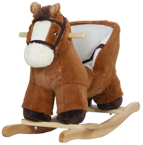 lot 320 image: Qaba Baby Rocking Horse, Kids Ride-on with Sound, Wooden Base & Safety Belt for Ages 18-36 Months, Brown