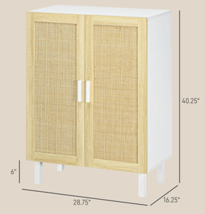 lot 367 image: HOMCOM Boho Kitchen Cabinet, Buffet Cabinet with 2 Rattan Doors and Adjustable Shelves for Dining Room, White and Natural (Minor Transit Damage. Missing Part 4, See Photos)