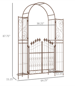 lot 20 image: Outsunny 7 Metal Garden Arbor, Garden Arch with Gate, Fleur De Lis Motif, Latching Doors, Planter Shelves for Climbing Vines, Ceremony, Weddings, Party, Garden, Backyard, Lawn, Brown