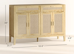 lot 25 image: HOMCOM Kitchen Sideboard Cabinet, Boho Entryway Cabinet with Decorative Rattan Doors and Drawers for Dining Room, Oak