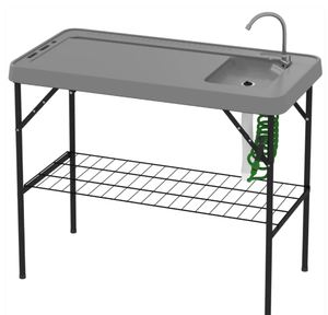 lot 111 image: Outsunny Folding Fish Cleaning Table with Sink, Portable Camping Table with Faucet, Drainage Hose, Sprayer and Shelf, Gray (Missing Parts B-M, See Photos)