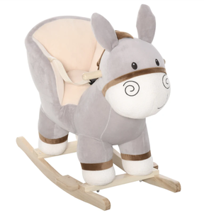 lot 120 image: Qaba Kids Rocking Chair, Plush Ride On Rocking Horse Donkey with Sound, Wood Base Seat, Safety Belt, Baby Toddler Rocker Toy for 18 - 36 Months, Gray