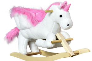 lot 154 image: Qaba Baby Rocking Horse, Plush Animal Rocker for Toddlers Aged 18-36 Months, Stuffed Ride Toy with Sounds, Seat Belt, White and Pink ( minor transit damage)