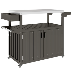lot 39 image: Outsunny Outdoor Bar Cart with Storage, Stainless Steel Outdoor Bar Table Top, Wheeled HDPE Kitchen Island for Food Prep, Gray