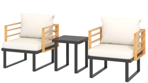 lot 40 image: Outsunny 3 Piece Metal Bistro Set, Small Patio Furniture Set with Cushions, Armchairs, Slatted Table for Backyard Balcony, Beige (missing hardware)
