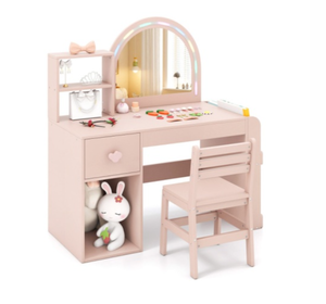 lot 46 image: Costway Kids Vanity Table And Chair Set With Lighted Mirror For Kids Aged 3 Years Old-Pink