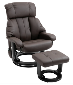lot 61 image: HOMCOM Recliner with Ottoman Footrest, Recliner Chair with Vibration Massage, Faux Leather and Swivel Wood Base for Living Room and Bedroom, Brown (Missing Hardware)