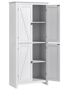 lot 62 image: HOMCOM 72 Freestanding Kitchen Pantry Cabinet, Farmhouse Tall Storage Cabinet with 4 Door Cabinets and Adjustable Shelves for Dining Room, White