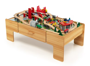 lot 73 image: Costway Kids Wooden Train Set & Double-Sided Table Playset w100 Pieces & Storage Drawer