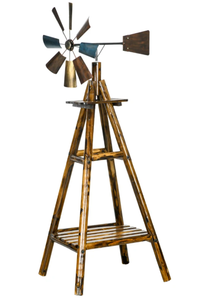 lot 74 image: Outsunny Windmill Weather Vane, Wind Vane with Bottom Shelf, Steel Windmill Head, Stained Wood (Missing Part 7)