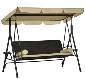 lot 75 image: Outsunny 3-Seat Patio Swing Chair, Outdoor Canopy Swing Glider with Removable Cushion, Pillows, Adjustable Shade, and Rattan Seat, for Porch, Garden, Poolside, Backyard (Missing Part L)