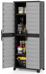 lot 223 image: GOFLAME 2-Door Storage Cabinet, 68� Plastic Tool Organizer with 3 Adjustable Shelves, Detachable Legs & Locking Holes, Multipurpose Shelving Cabinet for Garage, Office, Warehouse