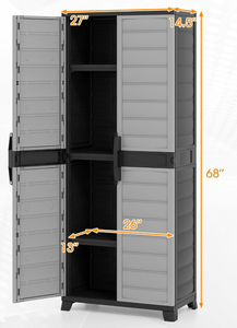 lot 228 image: GOFLAME 2-Door Storage Cabinet, 68� Plastic Tool Organizer with 3 Adjustable Shelves, Detachable Legs & Locking Holes, Multipurpose Shelving Cabinet for Garage, Office, Warehouse(missing manuals)