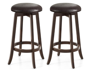 lot 229 image: COSTWAY 29-Inch Swivel Bar Stools Set of 2, Upholstered Barstools wPU Leather Seat & Solid Rubber Wood Legs, Mid-Century Backless Round Bar Height Stools wFootrest for Kitchen Home Bar