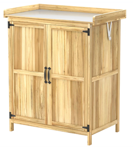 lot 233 image: Outsunny Outdoor Storage Cabinet, Garden Tool Shed with Metal Tabletop, Shelf, Wooden Potting Bench with 2 Doors, Natural Wood (missing part 6)