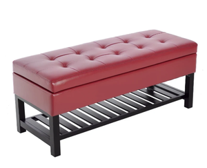 lot 235 image: HomCom 44 Tufted Faux Leather Ottoman Storage Bench With Shoe Rack- Crimson Red(missing part b)