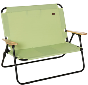 lot 246 image: Outsunny Double Folding Camping Chair, Loveseat for 2 Adults, Portable Camping Couch with Wood Armrest & Cupholders, for Backpacking, Beach, Sports Travel, Green