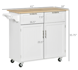 lot 250 image: HOMCOM 41 Modern Rolling Kitchen Island on Wheels, Utility Cart Storage Trolley with Rubberwood Top & Drawers, White (Missing Hardware)