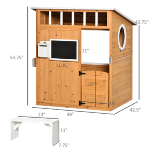 lot 252 image: Outsunny Wooden Playhouse for Kids Outdoor with Working Door, Windows, Mailbox, Bench, Flowers Pot Holder, 48 x 42.5 x 53