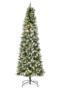 lot 379 image: HOMCOM 7.5ft Pre-Lit Snow-Dipped Artificial Christmas Tree with Realistic Branches, 350 LED Lights, Pine Cones, Red Berries and 1075 Tips