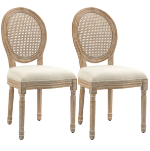 lot 380 image: HOMCOM French-Style Upholstered Dining Chair Set, Armless Accent Side Chairs with Rattan Backrest and Linen-Touch Upholstery, Set of 2, Cream White (Maybe Missing Hardware)