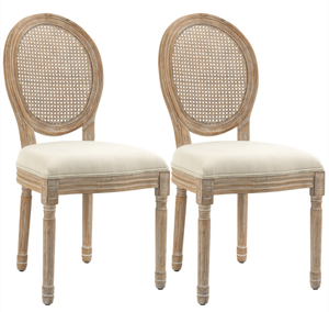 lot 381 image: HOMCOM French-Style Upholstered Dining Chair Set, Armless Accent Side Chairs with Rattan Backrest and Linen-Touch Upholstery, Set of 2, Cream White